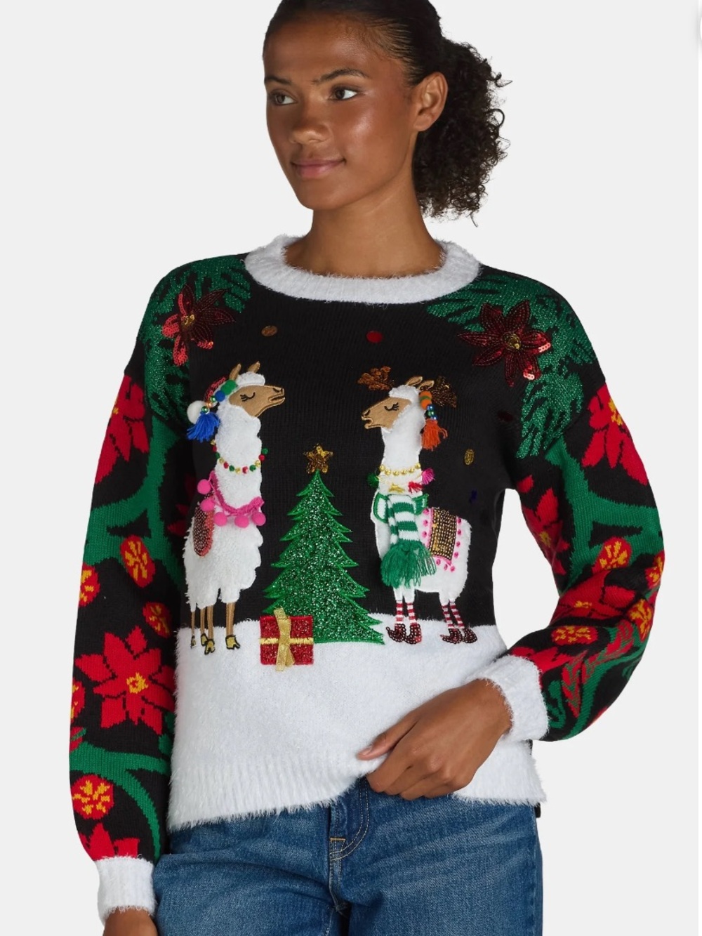 Holiday Time Llama Ugly Christmas Sweater 3D Embellished Crewneck Black S